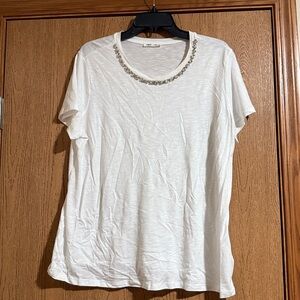 Edgely White Tee with Crystal Neckline